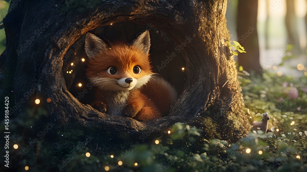 Obraz premium Adorable fox nestled in a tree hollow at dusk.