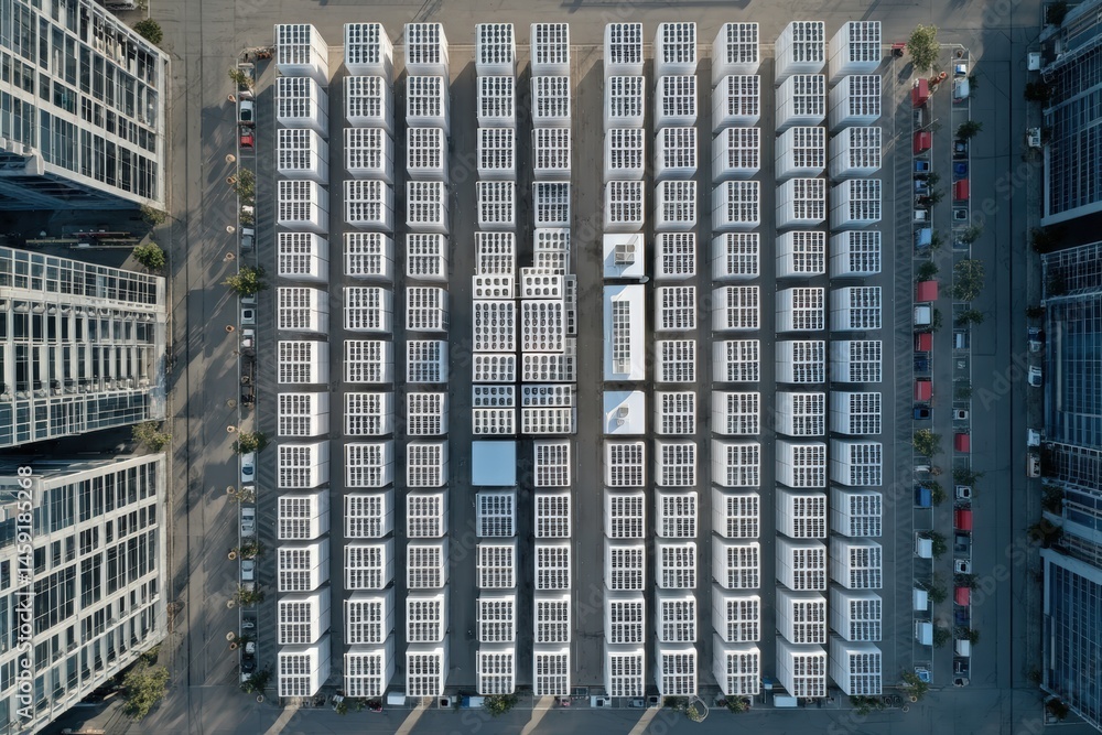 Aerial view of modern buildings with repetitive grid architecture, creating a geometric and symmetrical pattern.