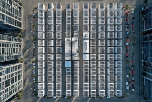 Obraz na płótnie Aerial view of modern buildings with repetitive grid architecture, creating a geometric and symmetrical pattern. w salonie