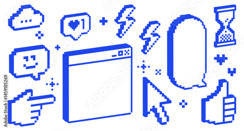 Y2k inspired trendy collage stickers. Window frame, speech bubble, smile face. 3D pixel art element set on white. Mood of 90's. 8bit retro style vector illustration. Digital shape. Game abstract icons