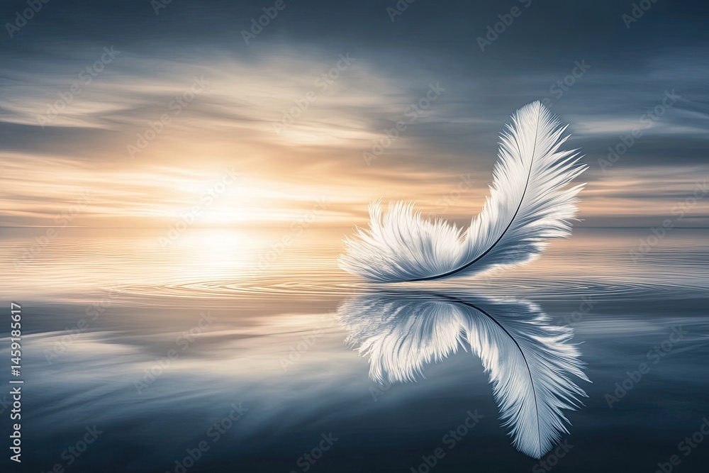 Obraz premium Serene feather reflected on tranquil water at sunset. Soft, white feather rests on still water, mirroring perfectly. Golden sun bursts through clouds