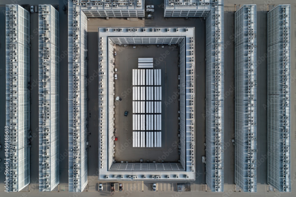 Aerial view of a modern, symmetrical building complex with a central courtyard and structured layout.