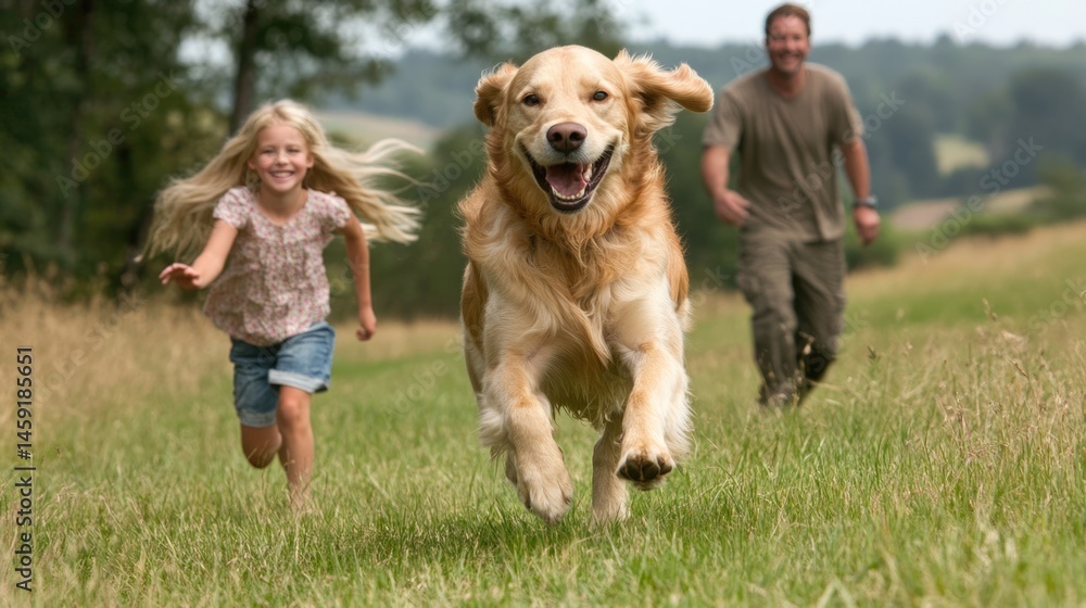 happy family travel on their summer holiday trip together with their cheerful golden retriever dog at beautiful natural area.