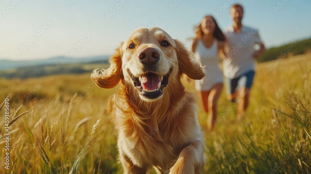 happy family travel on their summer holiday trip together with their cheerful golden retriever dog at beautiful natural area.