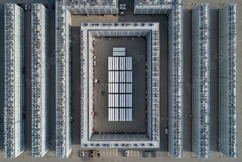 Obraz na płótnie Aerial view of a modern, symmetrical building complex with a central courtyard and structured layout. w salonie