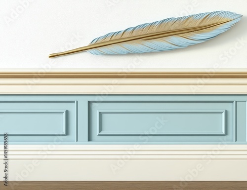 Fototapeta Naklejka Na Ścianę i Meble -  Light blue wall paneling, gold feather decor.  Cream colored trim