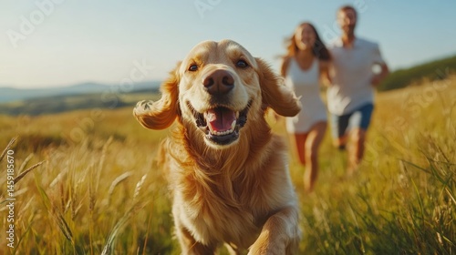 Obraz na płótnie happy family travel on their summer holiday trip together with their cheerful golden retriever dog at beautiful natural area. w salonie