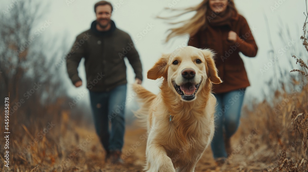 happy family travel on their summer holiday trip together with their cheerful golden retriever dog at beautiful natural area.
