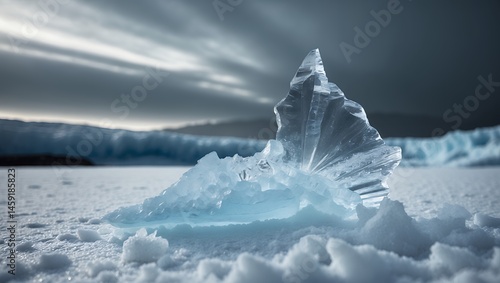 Ice shard on frozen landscape with dark sky