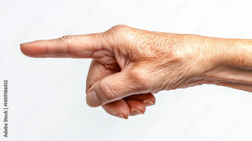 Closeup of an old man hand pointing or touching isolated on white background