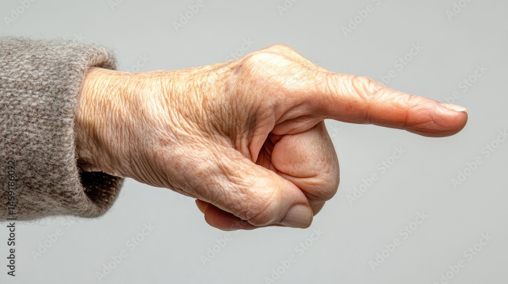 Closeup of an old man hand pointing or touching isolated on white background