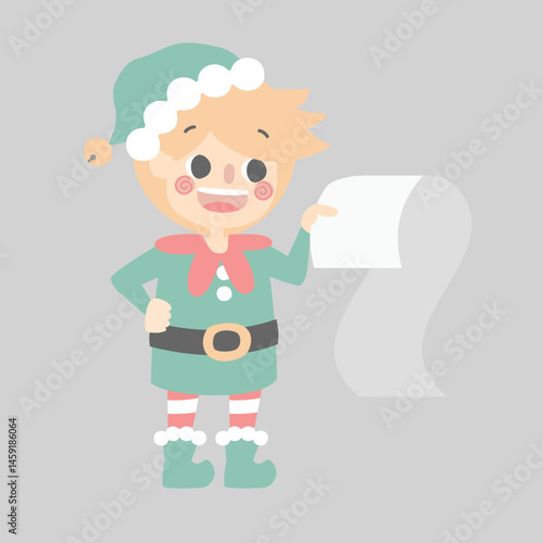 merry christmas and happy new year with cute little elf dwarf looking at paper, list of gift, blank sign, template flat vector illustration cartoon character costume design