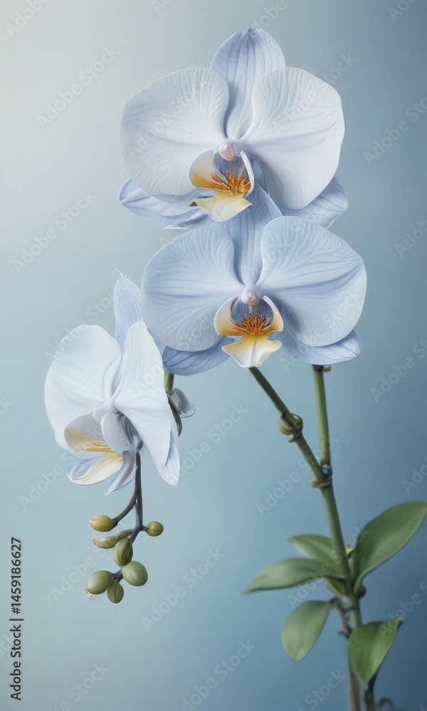 Obraz premium Close-up watercolor depiction of Philippine Phalaenopsis orchids against a serene blue wash , closeup, tropical flowers, details