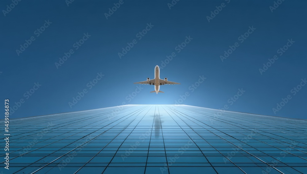 A commercial airplane flies above a modern glass skyscraper, captured from a low-angle perspective against a clear blue sky.