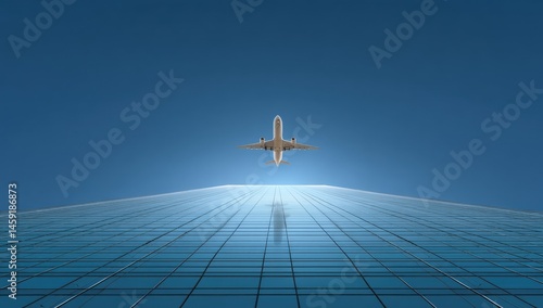 Obraz na płótnie A commercial airplane flies above a modern glass skyscraper, captured from a low-angle perspective against a clear blue sky. w salonie