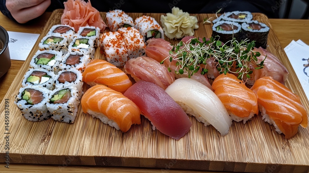 A beautifully arranged sushi platter featuring diverse nigiri and rolls, a perfect culinary experience. A beautifully arranged sushi platter featuring diverse nigiri and rolls, a perfect culinary experience.