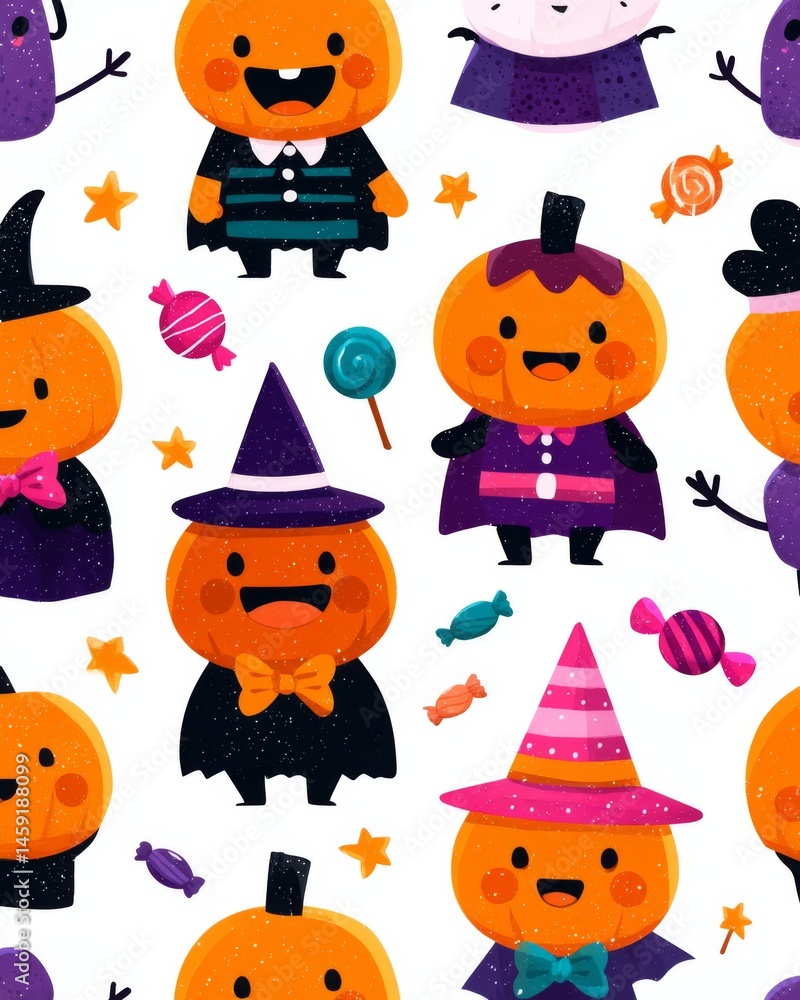 Cute Halloween theme of smiling pumpkin characters with different facial expressions and costumes, surrounded by candies Cute Halloween theme of smiling pumpkin characters with different facial expressions and costumes, surrounded by candies