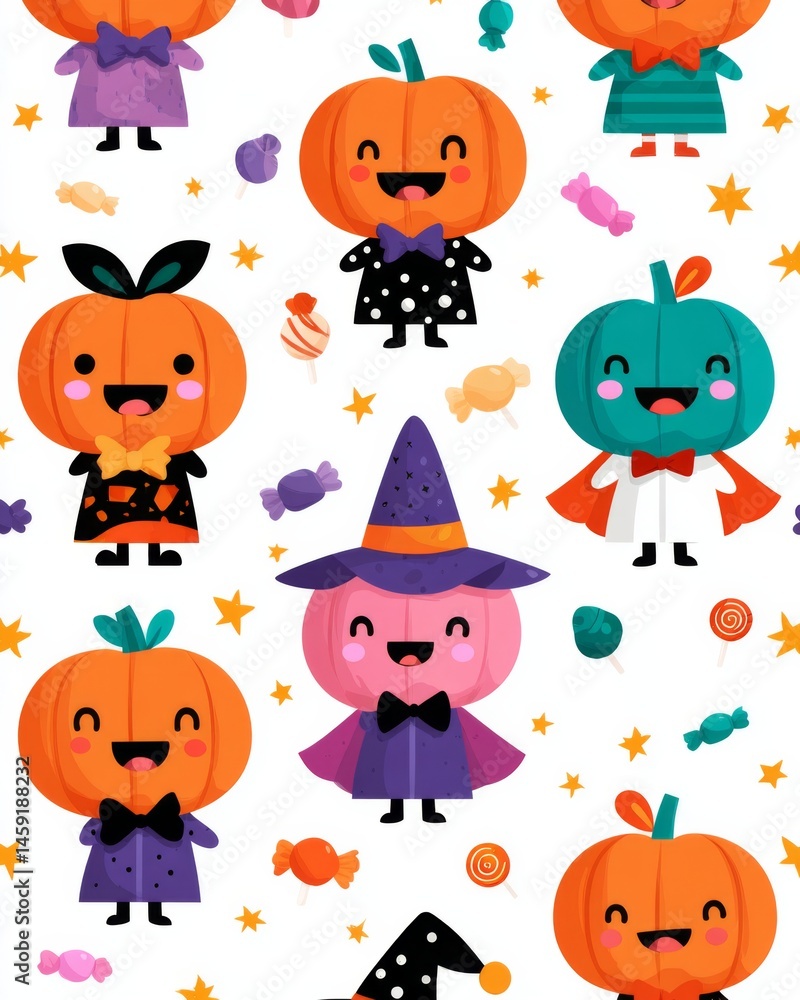 Obraz premium Cute Halloween theme of smiling pumpkin characters with different facial expressions and costumes, surrounded by candies