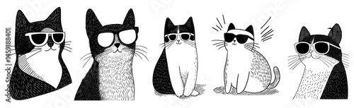 illustration set of cool summer cats wearing sunglasses.
