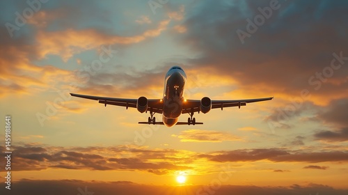 Airplane landing at sunset, majestic orange and gold cloudscape, commercial airliner descending towards runway, vibrant sky, travel and transportation theme. : Generative AI