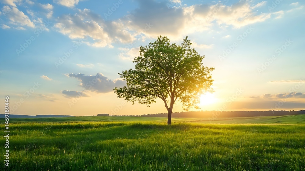 Fototapeta premium Solitary tree in vibrant green field at sunset, bathed in golden sunlight, idyllic peaceful landscape under a partly cloudy sky. : Generative AI