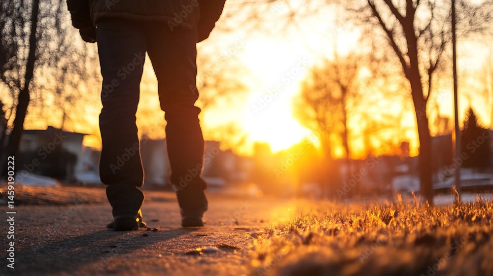 Fototapeta premium Person walking away from the camera at sunset, legs and feet in focus, warm golden light, blurry background of trees and houses. : Generative AI