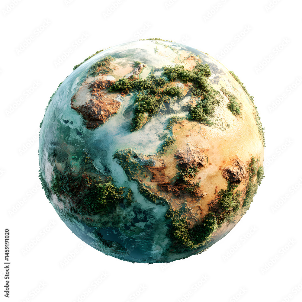 Fototapeta premium Planet Earth covered in biome textures (forest, ocean, desert), isolated on Transparent background.