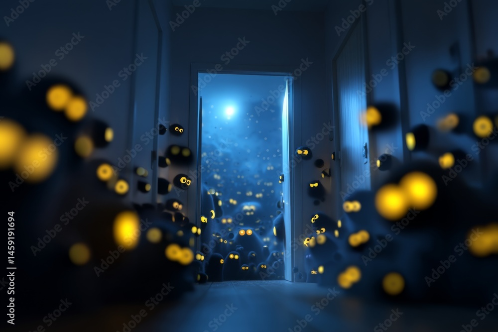 Naklejka premium A dark, corridor with dozens of glowing cartoon eyes peeking from shadows, moonlight shining in, monochrome blues with pops of yellow glow, eerie yet playful atmosphere 