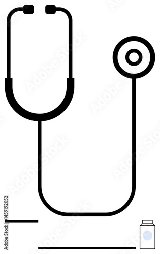Stethoscope with flexible tubing and medicine bottle emphasizes healthcare, diagnosis, treatment, prevention, wellness, professionalism. Ideal for health themes, medical advice, flat simple metaphor