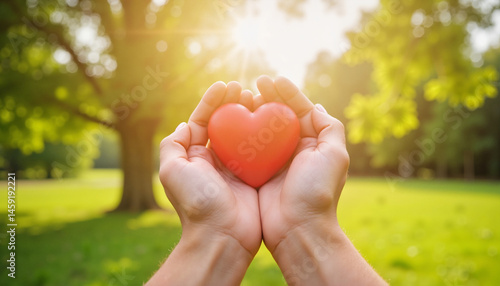 Hands holding a heart symbolizing love in a sunny park  