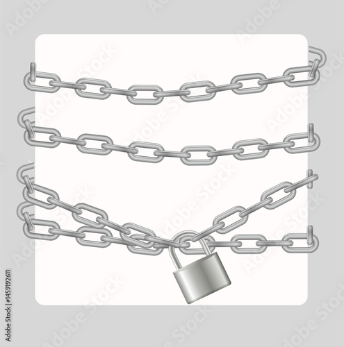 Padlock and chain. Gray metal chain and padlock, handcuffed card, vector