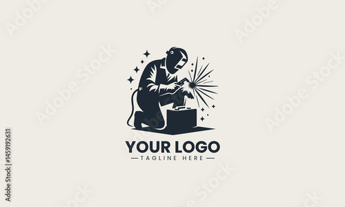 Welder silhouette creating sparks while working in vector logo illustration with industrial theme