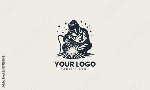Welder silhouette creating sparks while working in vector logo illustration with industrial theme
