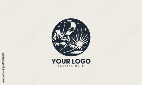 Silhouette of welder wearing protective gear working with bright sparks in vector logo illustration design