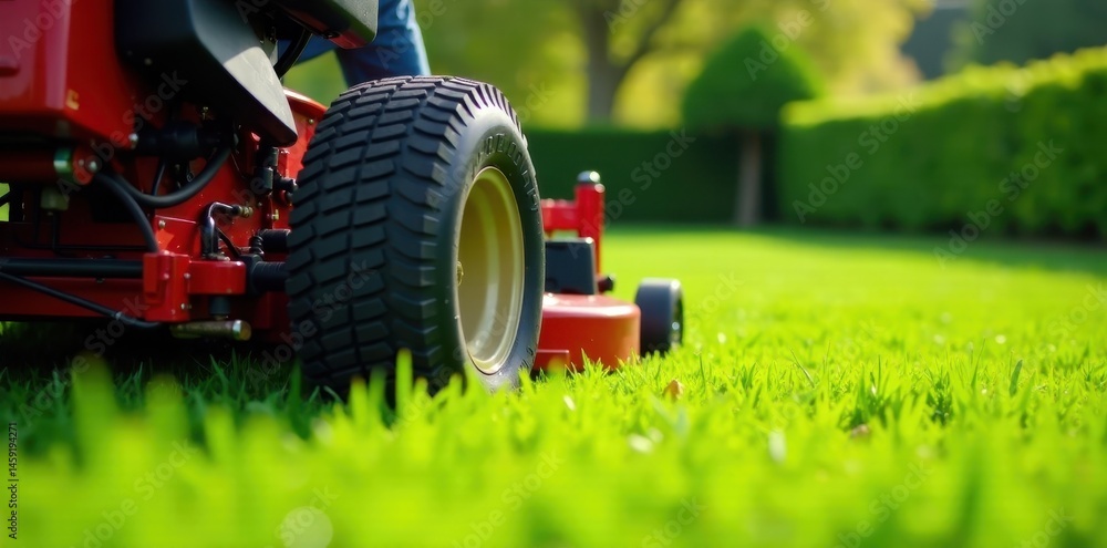 Obraz premium Close-up shot of zero turn mower slicing through blades of grass on a pristine lawn, grass cutting tips, landscaping supplies