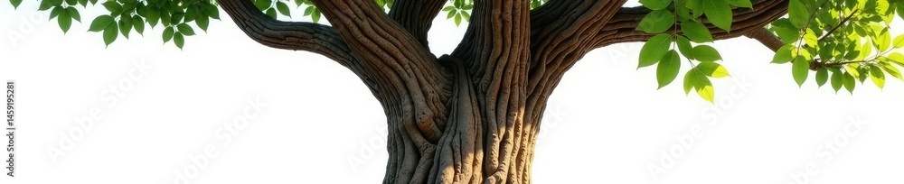 Brown tree trunk with thick branches on white, wood grain, tree bark, leafy Brown tree trunk with thick branches on white, wood grain, tree bark, leafy