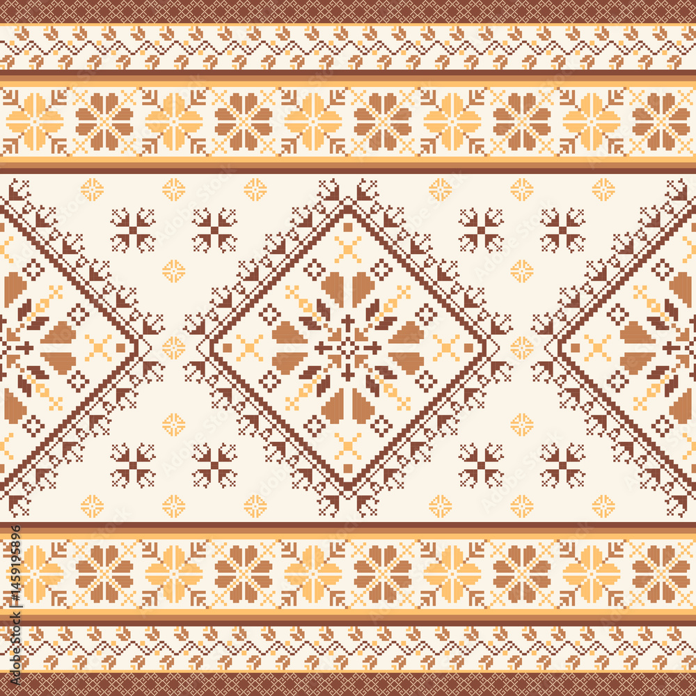 Geometric pixel art pattern. Abstract pixel art geometric pattern design for fabric, carpet, tile, clothing, embroidery, needlepoint and background. Vector pixel art seamless motif Native American Geometric pixel art pattern. Abstract pixel art geometric pattern design for fabric, carpet, tile, clothing, embroidery, needlepoint and background. Vector pixel art seamless motif Native American