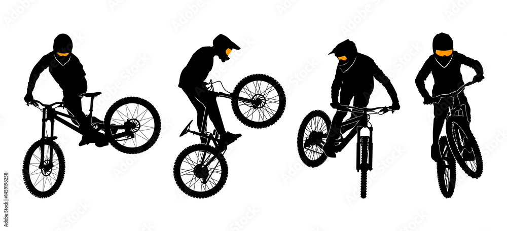 Obraz premium Silhouettes of extreme mountain bikers performing stunts mid-air, showcasing agility and dynamic motion in freestyle cycling.