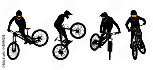 Silhouettes of extreme mountain bikers performing stunts mid-air, showcasing agility and dynamic motion in freestyle cycling.