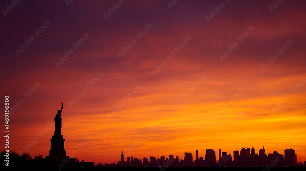 Naklejka premium Silhouette of Statue Liberty and New York City skyline at sunset Fiery orange and purple sky, dramatic scene