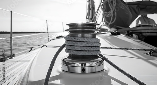 black and white minimalist sketch, yacht capstan with rope on sailing boat during cruise, marine objects concept, subject on left with ethereal light style, ample copy space on right
