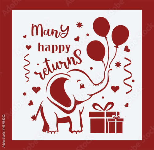 Paper cut out birthday card with elephant and balloons. Cut file