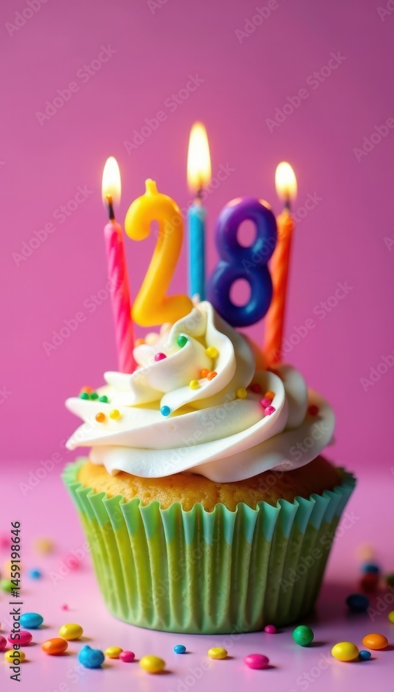 Colorful birthday cupcake with twenty-five candles centered on top, twenty five candle, celebration Colorful birthday cupcake with twenty-five candles centered on top, twenty five candle, celebration