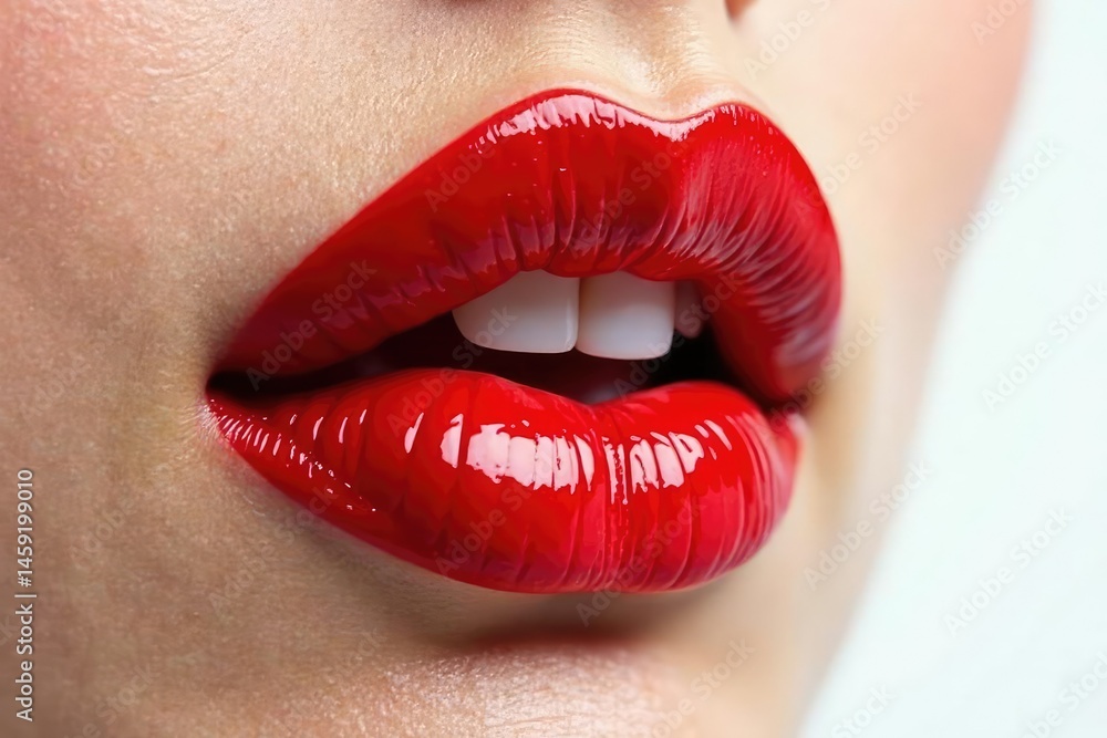 Obraz premium Close-up of luscious red lips against pure white backdrop, beauty product, texture