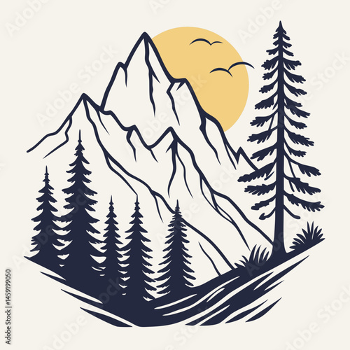 Bold Minimalist Mountain Ridge with Tall Conifers and Rising Sun Vector Art for Adventure Seekers