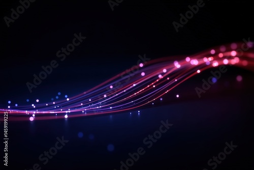 Abstract glowing lines and dots in purple and pink tones flow across a dark background, evoking a sense of digital motion and connectivity.