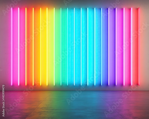 realistic photo of neon rainbow light strips forming a curved gradient wall, glowing ambiance, stylized pride atmosphere