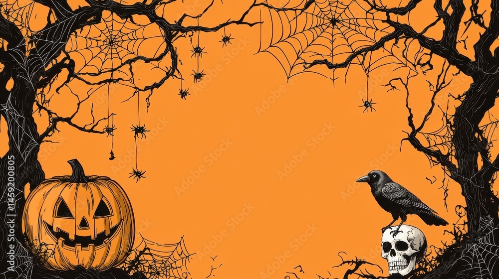 An illustrative Halloween scene with a jack-o'-lantern, crow, and spiderwebs on orange. An illustrative Halloween scene with a jack-o'-lantern, crow, and spiderwebs on orange.