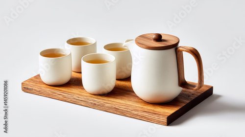 Modern minimalist ceramic teapot with wooden handle and lid served with four handleless cups filled with tea on wooden tray, creating warm and inviting atmosphere