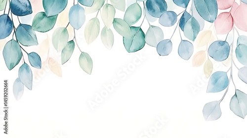 Watercolor Pastel Eucalyptus Leaves Border Botanical Illustration Elegant Floral Design Wedding
